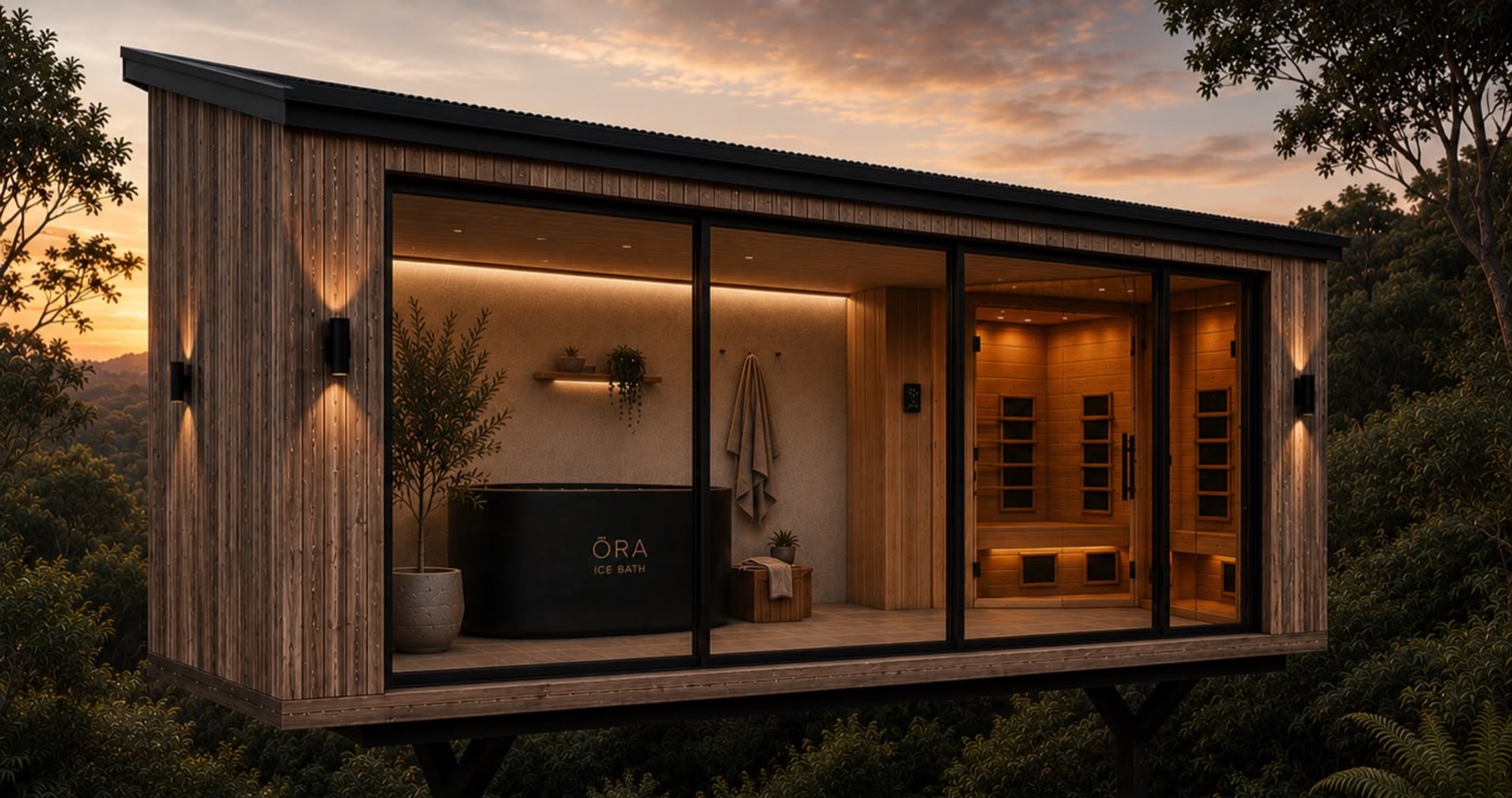 Concept render of The Bush Hut at Bluestone Main Estate at dusk: a timber-clad pod cantilevered over native bush, its glass side open to show a black ice bath, a towel on a hook, and a lit cedar infrared sauna.